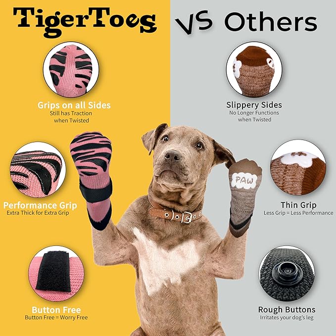DOK TigerToes Premium Non-Slip Dog Socks for Hardwood Floors - Extra-Thick Grip That Works Even When Twisted - Prevents Licking, Slipping, and Great for Dog Paw Protection (Sassy Pink, Medium)