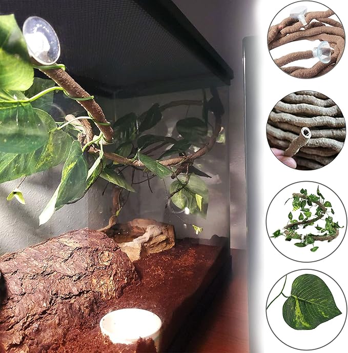 Tfwadmx Reptiles Skull Hide Decorations Bearded Dragon Tank Accessories Terrarium Ornament Gecko Hideouts Cave Snake Habitat Jungle Climber Bendable Vines Leaves for Lizards,Chameleon,Spider (4 Pcs)