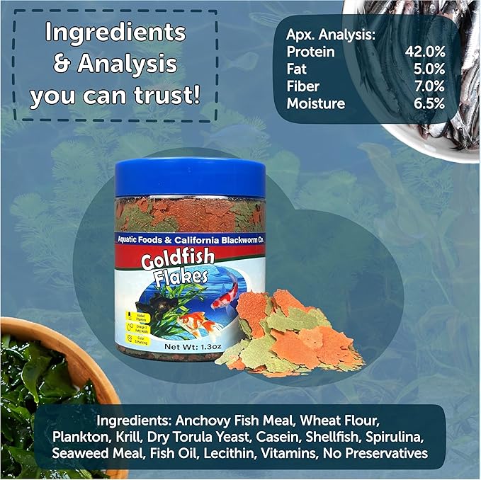 Aquatic Foods Inc. Goldfish Flakes, 42% Protein Premium Goldfish Flakes for Aquarium and Pond Fish. Also Good for Koi 1.3oz Canister