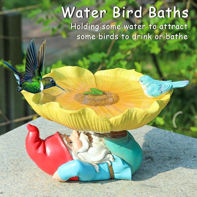 MUMTOP Bird Baths for Outdoors, Outdoor Garden Birdbath Bowl Resin Sunflower Bird Baths and Feeder with Funny Gnome for Outside Yard Table Decor