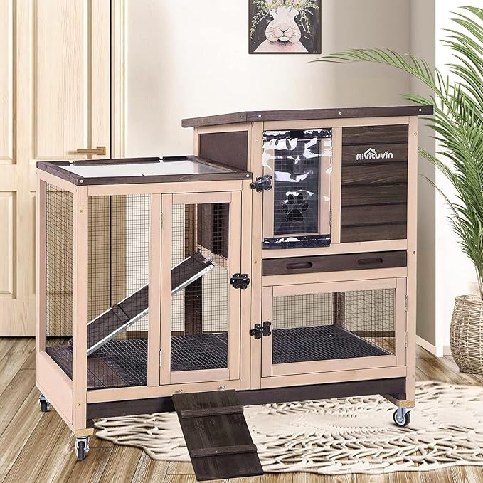 Aivituvin Rabbit Hutch Bunny Hutch Large Rabbit Cage, Indoor Bunny Cage Outdoor Rabbit House (Coffee Color)