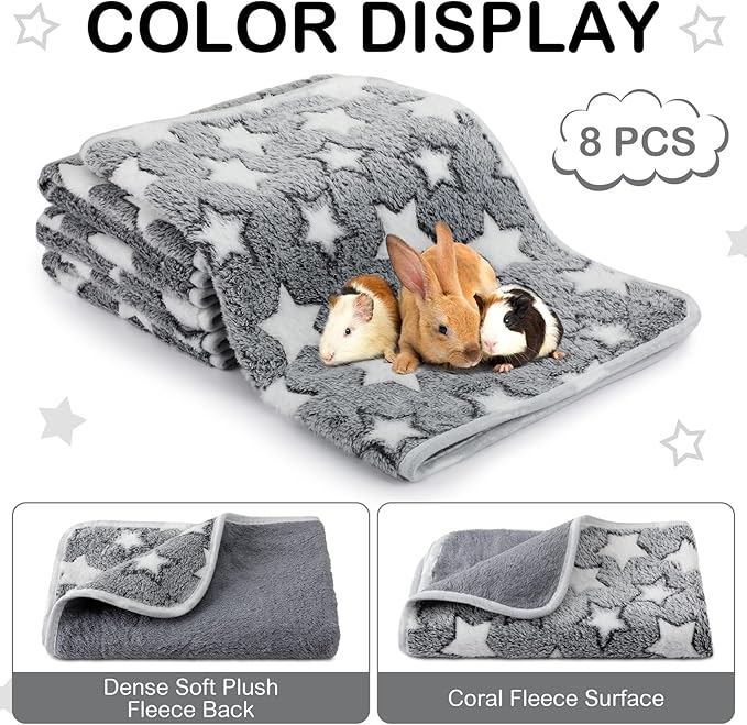 Tudomro 8 Pcs Guinea Pig Blankets Absorbent Washable Animal Fleece Bedding Cage Liners Waterproof Reusable Pet Pee Sleep Mat Pad Cover for Chinchilla Hamster Ferret(Grey Star,16 x 24 Inch)