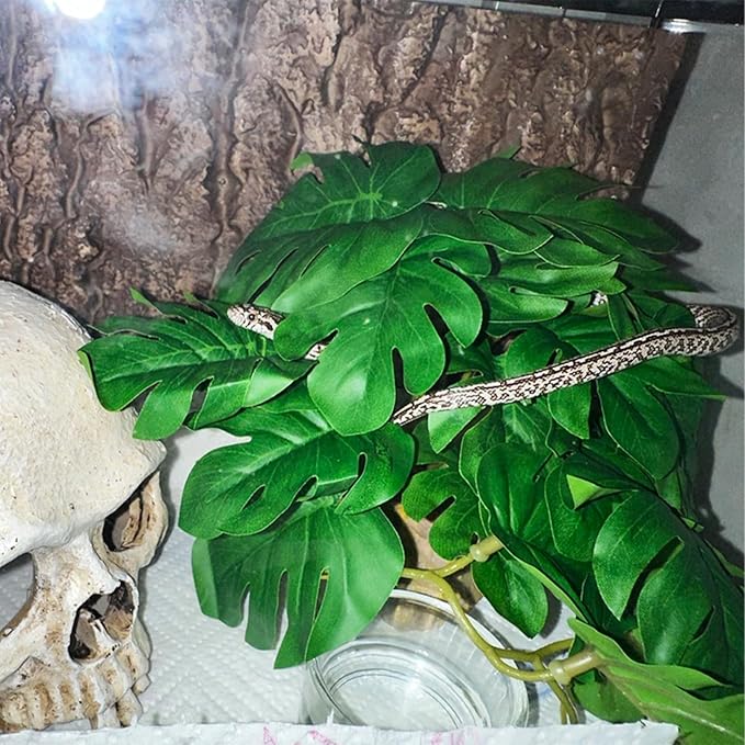 VCEPJH Reptile Plants with Suction Cup Amphibian Habitat Decor 2 Pcs Artificial Leaves for Terrarium Decor Crested Gecko Tank Accessories for Bearded Dragon, Lizard, Snake (Monstera)