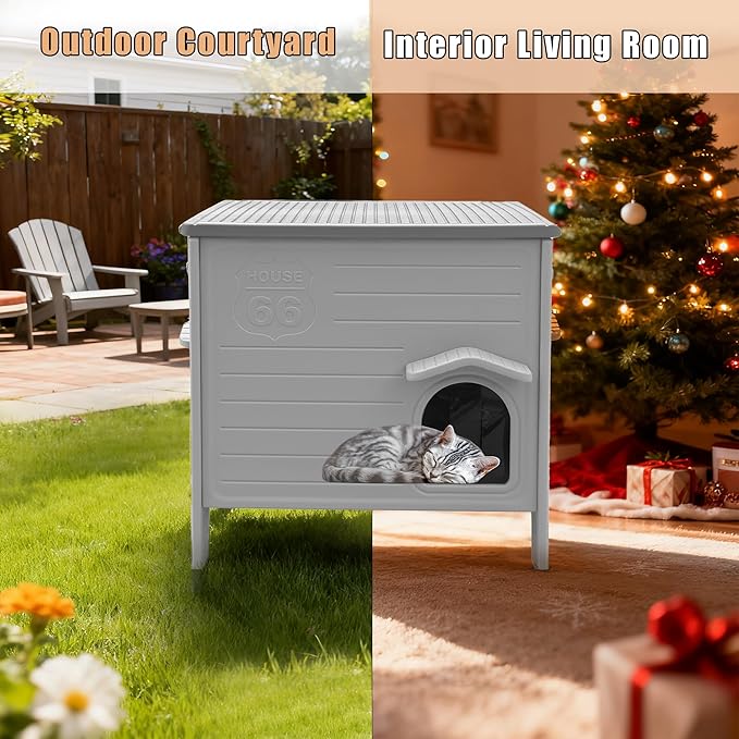 Outdoor Cat House with Insulated Liner, Plastic Cat House Weatherproof Cat Shelter,Easy to Assemble(Winter-Ready)