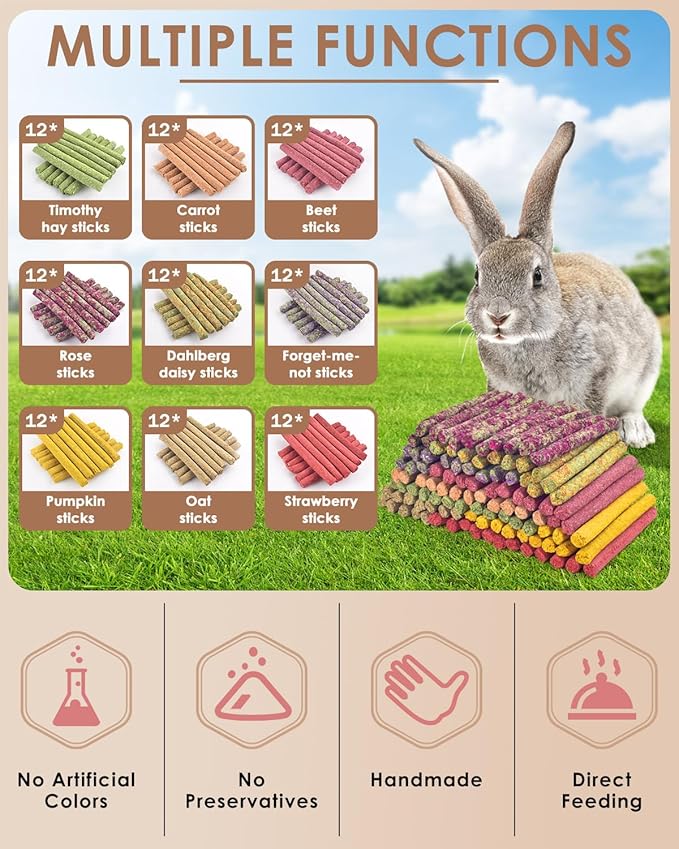 Bissap 108PCS Rabbit Chew Sticks, Mix Natural Timothy Hay Oat Carrot Beet Rose Dahlberg Daisy Myosotis Pumpkin Strawberry Bunny Chews Toy Treat for Chinchilla Guinea Pig Hamster Small Pet Molar Snack
