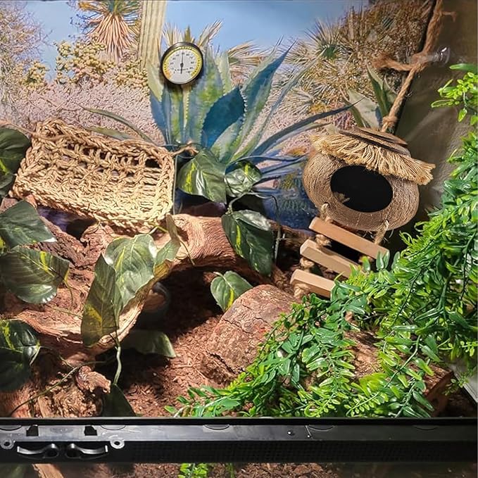 Gecko Tank Accessories,Grested Gecko Coconut Hideout Hut with Ladder Reptile Hanging Plants Climbing Bearded Dragon Hammock Flexible Jungle Vine Leaves Terrarium Decor