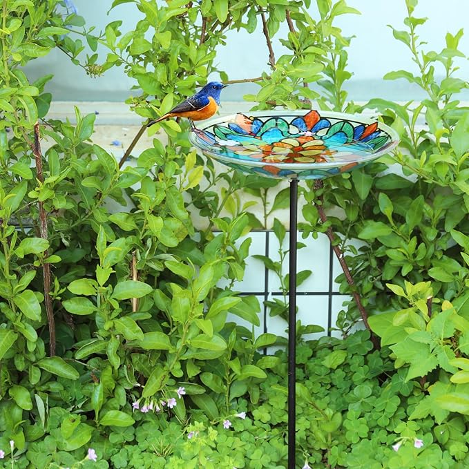 MUMTOP Bird Baths for Outdoors, Glass Birdbath Birdfeeder Bowl with Metal Stake for Outside Garden Yard Lawn Tiffany Style Decor