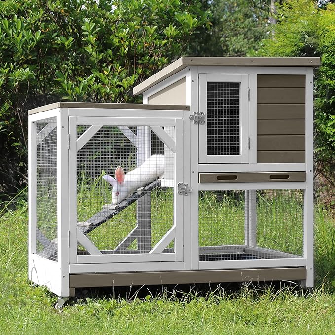 GUTINNEEN Rabbit Hutch Indoor and Outdoor, Rabbit Cage on Wheels with 2 Deep Pull Out Trays, Wooden Bunny Cage with Non-silp Ramp and Sliding Door, Mocca Color