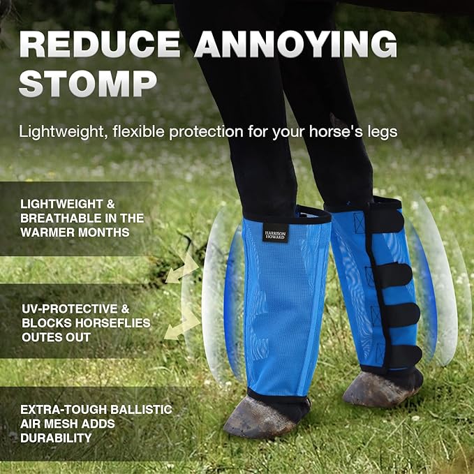 Harrison Howard Loose Fitting Fly Boots UV-Protective Extra Tough Mesh Ventilated Four Fasteners Stay-on Design Protect Horse Legs & Stomp-Reducing Set of 4 Sky Blue Medium