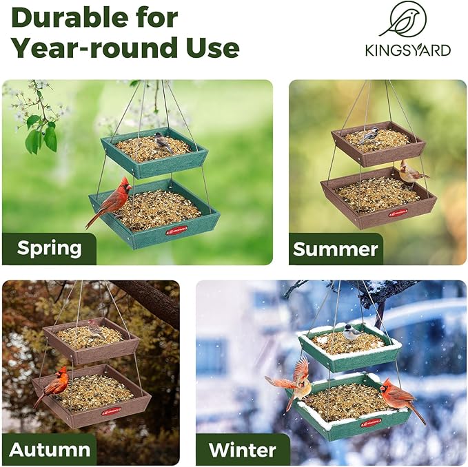 Kingsyard 2 Tier Large Platform Bird Feeders for Outdoors Hanging, 5 lbs Capacity Recycled Plastic Flat Mealworm Bird Feeder Tray, Garden Decoration Attracting Cardinal Blue Jay, Brown