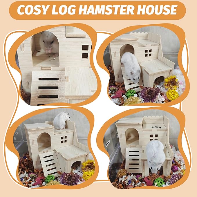 Hamster House, Tiny House with Slide House, Double-Decker Hut, Hamster Cage Accessories, Small Animal Habitat Decor for Small Hamster