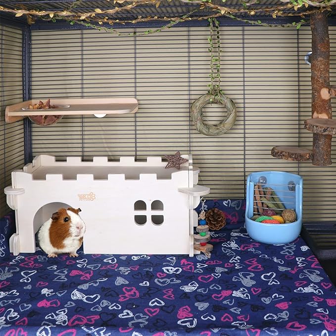 Castle Chinchilla House, Small Animal Hideout for Chinchilla, Guinea Pig, Hedgehog, or Rat, Ventilated Wooden Guinea Pig Hut Habitat with Multiple Doors (Large)