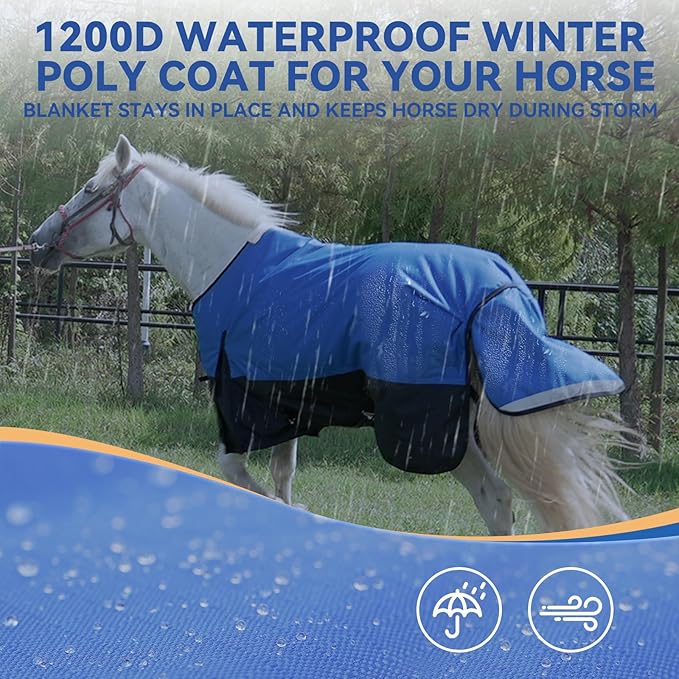 78” Winter Horse Blanket, 1200D Waterproof Poly Horse Turnout Blanket, Durable Tear-Resistant Thick Horse Blanket with Snuggit 220g Filling, Breathable Warmth Turnout Blankets for Horse