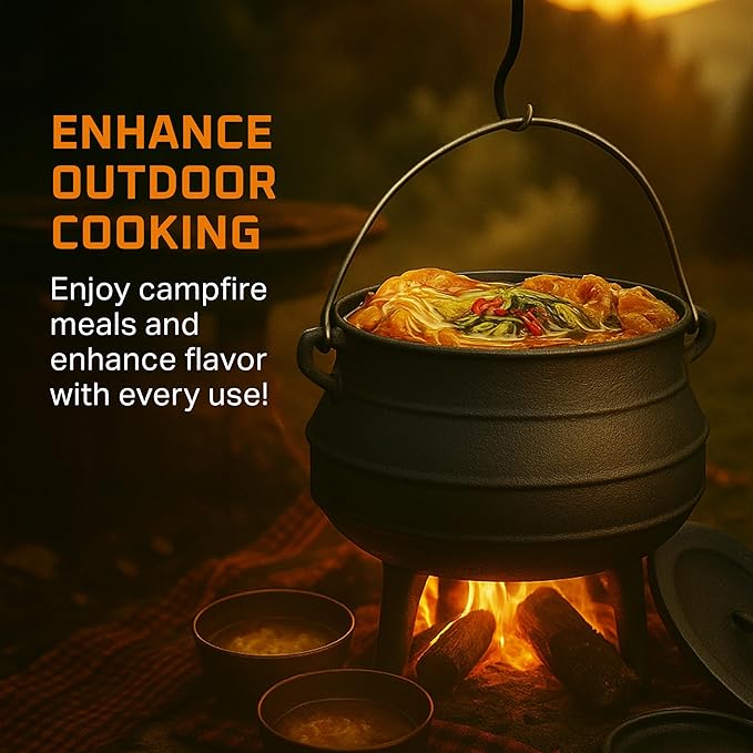 Bruntmor 8-Quart Pre-Seasoned Cast Iron Cauldron - African Potjie Pot with Lid - 3-Legged Pot for Even Heat Distribution - Outdoor Cast Iron Dutch Oven Cookware for Campfire Cooking and Boiling