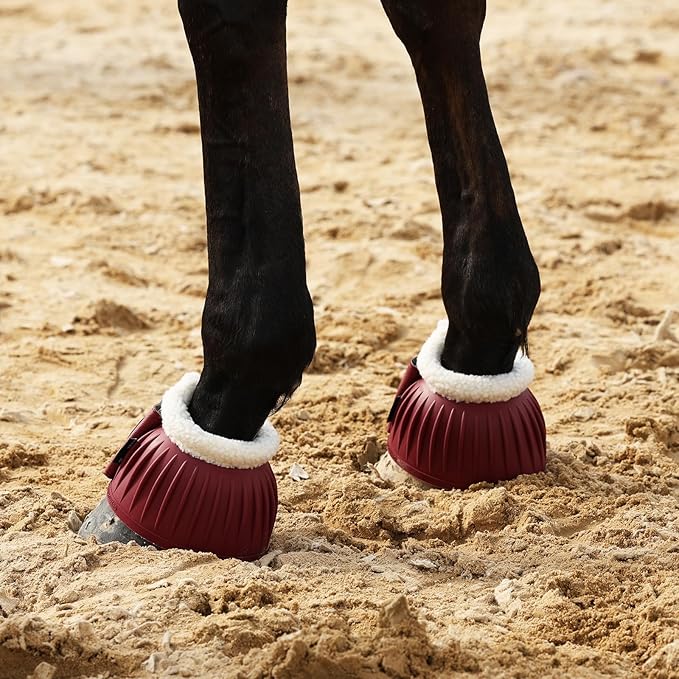 Harrison Howard Rubber Pull-on Bell Boots with Fleece Lining and Extra-Large Leather Touch-Close Tape Hoof Overreach Protection for Horses Sold in Pairs Wine Red XL