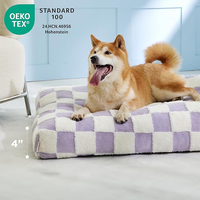 LE SURE Large Dog Beds-Thick Shredded Chopped Foam Pet Bed Indoor with Removable Cover, Cute Modern Fuzzy Plush & Anti Slip Bottom, Purple