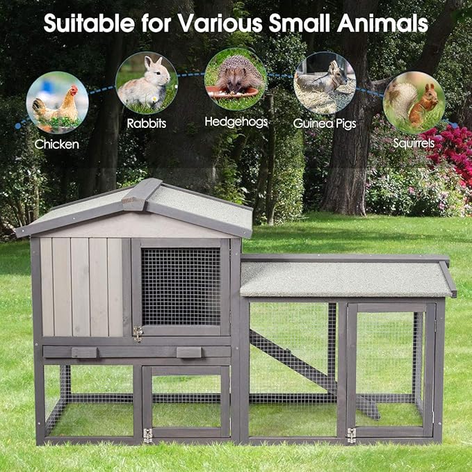 Tangkula Rabbit Hutch Indoor and Outdoor, 58-Inch Bunny Cage with Removable Tray & Ramp, Wood Chicken Coop with Waterproof Roof for Rabbits, Chicken and Guinea Pigs (Gray)