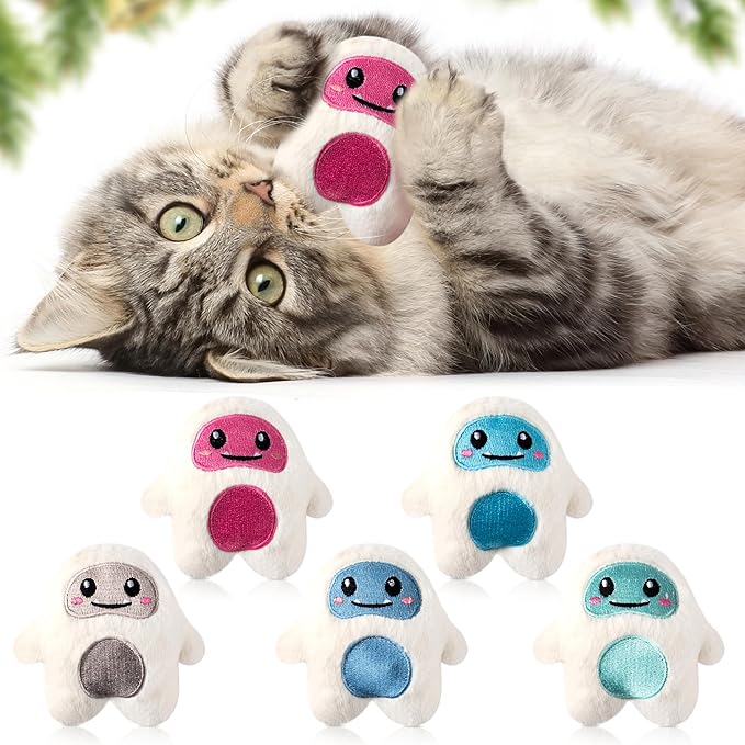 MALLMALL6 Snow Monster Catnip Toys - 5Pcs Winter Christmas Catmint Interactive Cat Toy for Indoor Kitten, Soft Plush with Cute Expression Supplies, Kitty Teething Chew Toy Set Xmas Gifts for Cat Lover