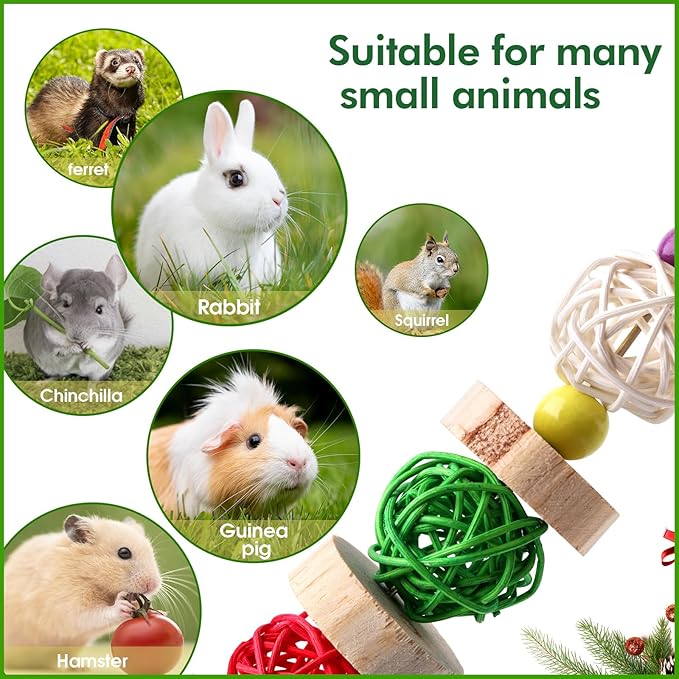 Abizoo Christmas Guinea Pig Chew Toys,3 Pcs Rabbit Chew Toys Hamster Bunny Treats Wood for Chinchilla,Hanging Christmas Themed Decor Cage Accessories for Small Animals pet Teeth Enrichment Gifts