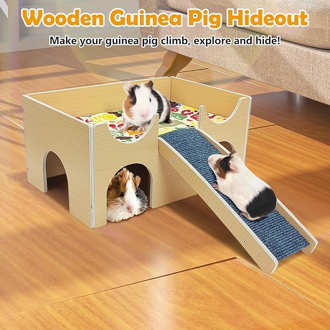 Fhiny Guinea Pig Hideout, Wooden Guinea Pig Castle with Ramp Bridge and Soft Mat Large Small Animal House Piggies Hideaway Hamster Habitat Decor for Chinchilla Hedgehog Squirrel Hamster Gerbil Rat