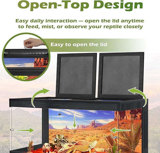 Royxen Bearded Dragon Tank, Tempered Glass Reptile Terrarium with Metal Mesh Top, 3-Side Clear Anti-Scratch Glass Lizard Tank for Reptile Habitat, Black,60 Gallons