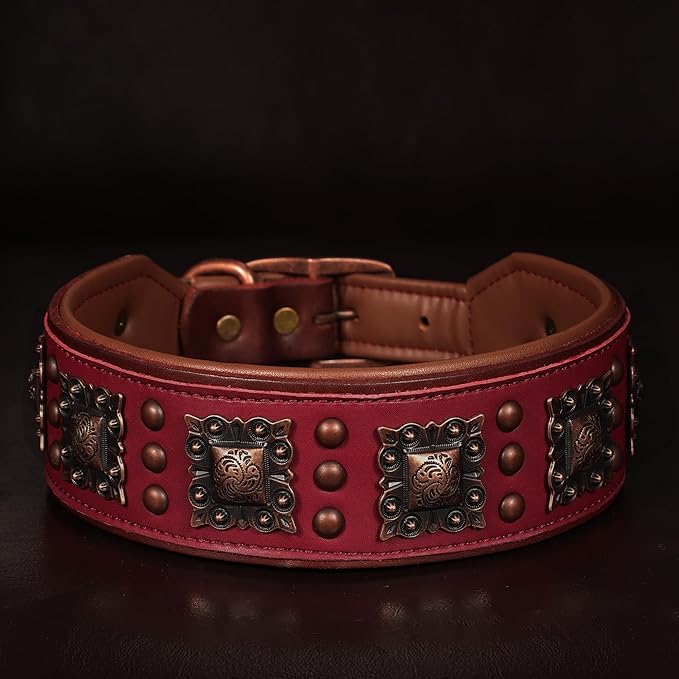 PET ARTIST Soft Padded Leather Dog Collar, 2 inch Wide Genuine Leather Dog Collars with Stylish Studded Rivet & Metal Buckle, Luxury & Adjustable Pet Collars for Medium Dogs,Red,Neck 16-19"