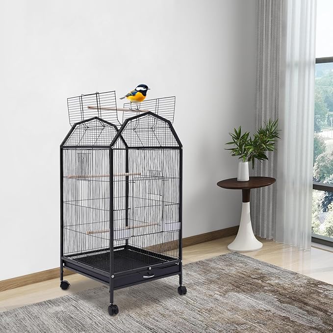 Black Wrought Bird Cage with Open-Top and Rolling Stands, 40-Inch Iron Large Bird Cage, 5 Doors Pet Birds Flight Birdcages for Mid-Sized and Small-Sized Birds
