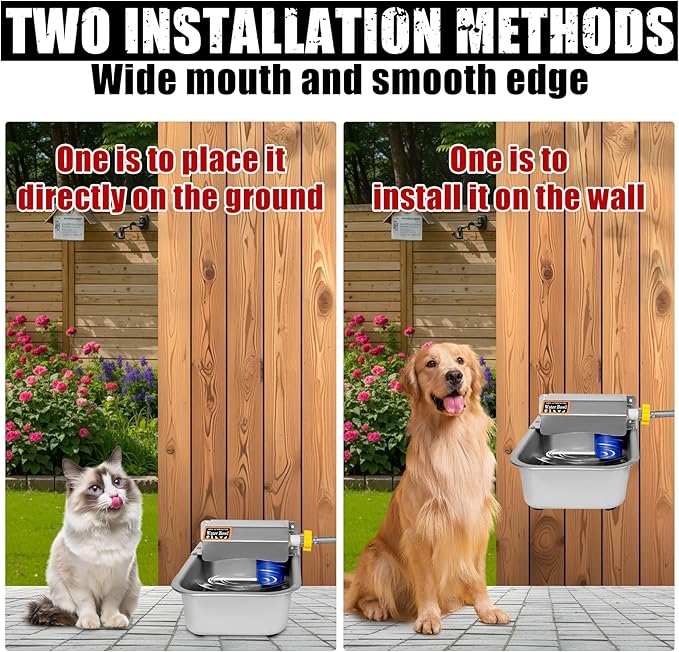 Automatic Dog Water Dispenser 1 Gal/3.8L Outdoor Dog Water Bowl Auto-Fill Water Feeder Stainless Steel Large Livestock Waterer Fit 3/4" GHT Faucet Wide Mouth Wall/Ground Mount