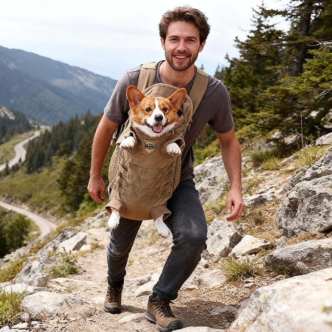 FLAdorepet Dog Carrier Tactical Backpack for Small Medium Dogs,Soft Hands-Free Legs Out Pet Front Cat Dog Carrier Backpack Travel Bag for Outdoor Traveling Hiking Camping (Large, Khaki)