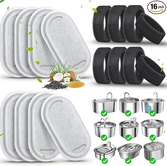 Cat Water Fountain Filters-8 Pack Replacement Filters & 8 Pack Replacement Pre-Filter Sponges Set for Stainless Steel 108/3.2L& 67oz/2L Adjustable Water Flow Pet Water Fountain