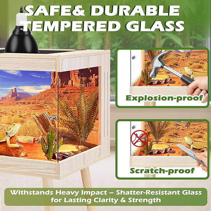 ROYXEN Bearded Dragon Tank with Leg Stand,Tempered Glass Reptile Tank with Metal Mesh Top, 3-Side Clear Anti-Scratch Glass Lizard Tank,Snake Tank for Reptile Habitat