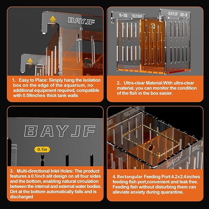 Fish Breeder Isolation Box for Aquarium Tank,Transparent Orange Acrylic Fish Acclimation Box for Clownfish Guppy Betta Coral (S)
