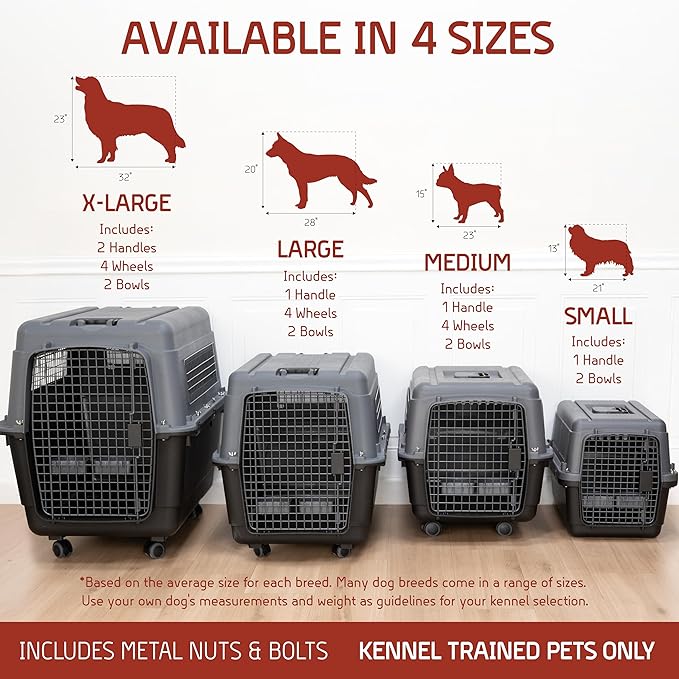 SportPet Airline Approved Wire Door Travel Dog Crate, Durable Plastic Pet Travel Kennel with Removable Wheels,Collapsible, Food Bowls & Accessories, Fits Dogs up to 29" L & 20" H - Large - Gray/Black