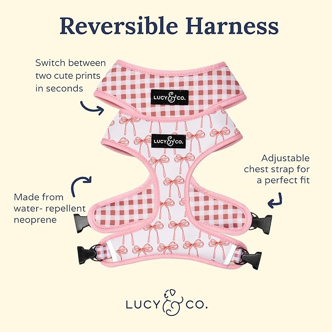 Lucy & Co. Cute Reversible Dog Harness Walking Halter - Best Designer Pet Harnesses for XS - XL Dogs - Padded Adjustable Vest for Easy Walking (X-Large, Ballet Bows - White & Pink Bows)