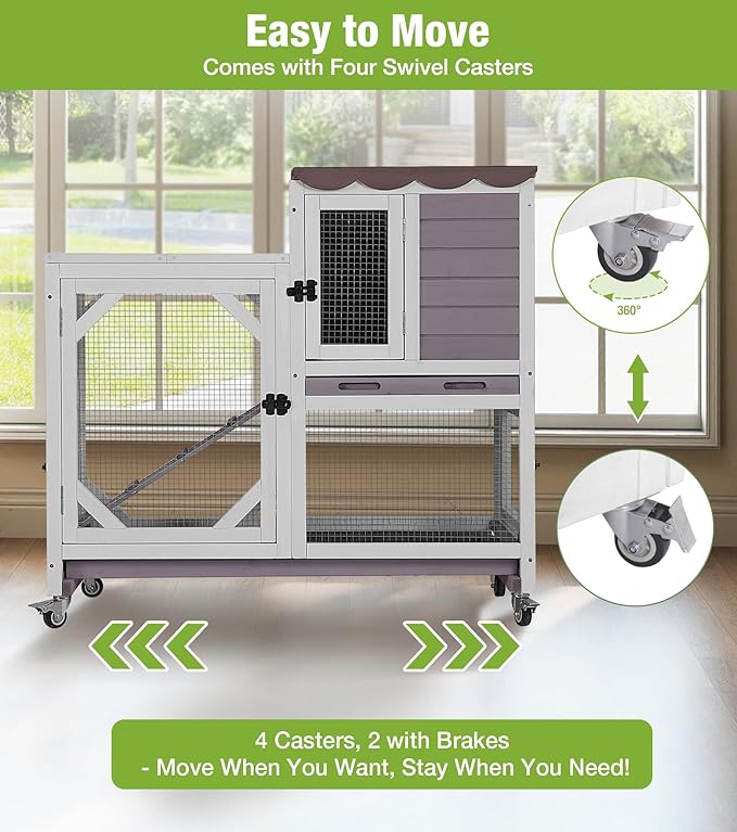 GUTINNEEN Duplex Rabbit Hutch Indoor with Chew-Proof Frame & 2 Leak-Proof Sliding Trays, Rain Cover, Wooden Guinea Pig Cages with Wheels - Grey