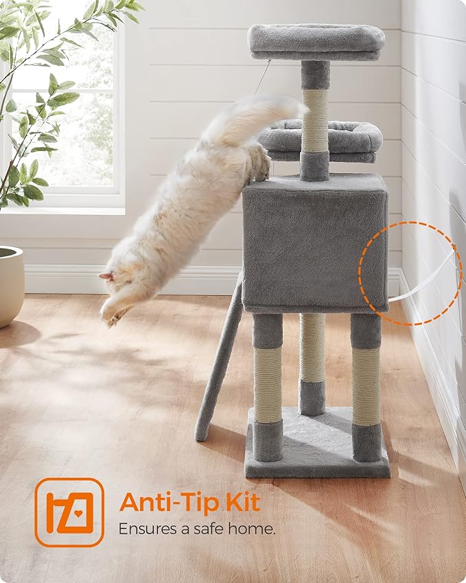 Feandrea Cat Tree, 45.3-Inch Cat Tower, Plush Condo with Scratching Post, Ramp, Perch, Spacious Cave, for Small Space, Light Gray UPCT141W01