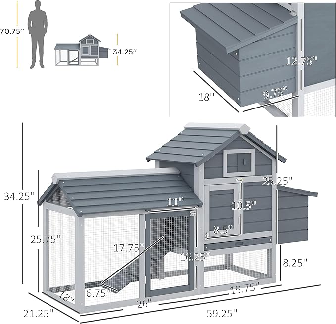 PawHut 59" Small Wooden Chicken coop Hen House Poultry Cage for Outdoor Backyard with 2 Doors, Nesting Box and Removable Tray, Gray