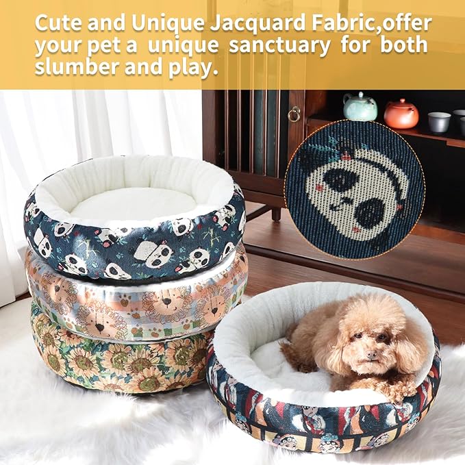 Circular Calming Dog & Cat Bed Anti-Anxiety Washable with Anti Slip Backing Donut Cuddler with Cute Jacquard Patterns for Cat and Small Puppy (Small-23in, Panda)