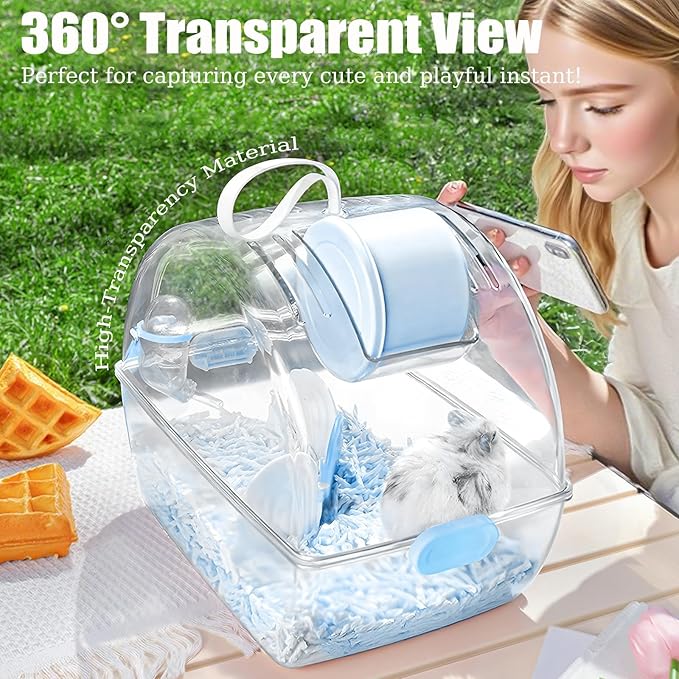 Small Portable Hamster Cages,13×8.2×10.8 Inch Hamster Carrier with Water Bottle,Dwarf Hamster Travel Cage with Storage Box,360º Transparent Acrylic Pet Travel Carrier,Mouse Gerbil Cage(Blue)