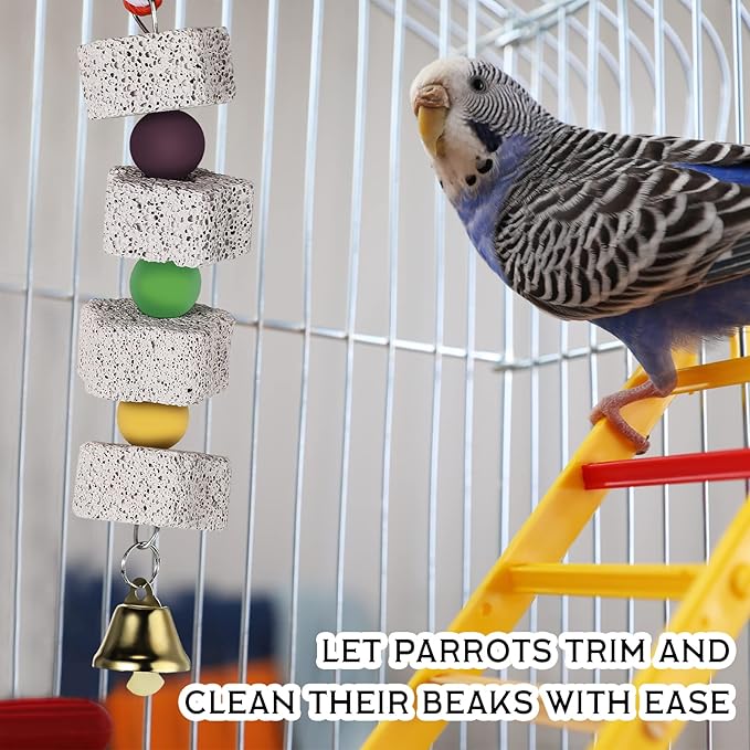 Sanwuta 4 Pack Bird Toy Bird Beak Grinding Stone Parrot Chewing Toys with Bell Bird Cage Accessories Parrot Beak Stone Lava Block Calcium Stone for Parakeet Cockatiel Conure Hamster Chinchilla Rabbit