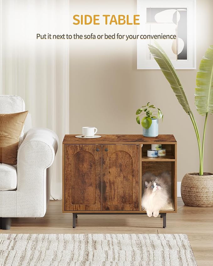 Cat Litter Box Enclosure Enclosed, Hidden Litter Box Cabinet Furniture with Storage, Wooden Indoor Cat House Large, Modern End Table for Living Room Entryway, Rustic Brown and Black CB01501B