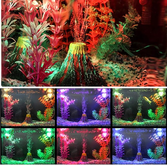 Aquarium Volcano Decoration Set Fish Tank Bubble Decorations, Air Stone with Air Pump, Aquarium Ambient Light with 6 LEDs, Bubble Stone Bubbler Volcano Shape Set