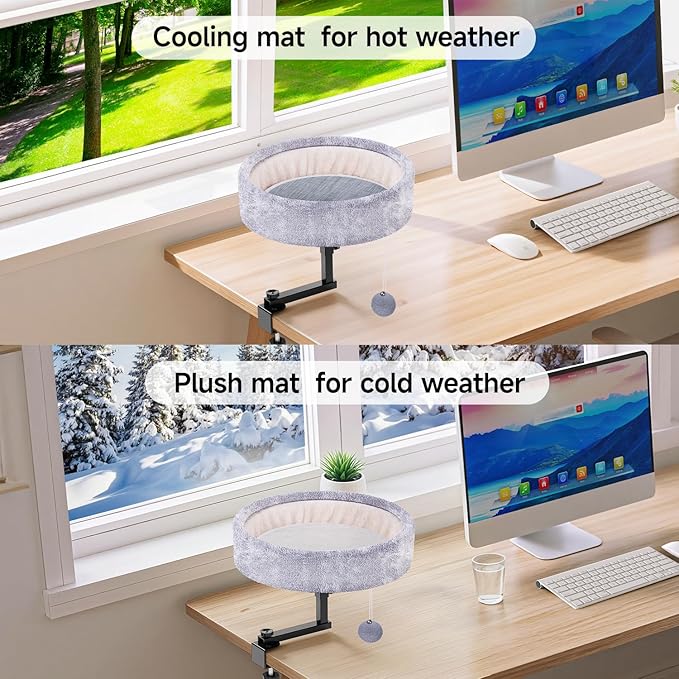 Cat Desk Bed - 360° Rotating & Adjustable, Supports 44 lbs, Soft Faux Fur with Dual-Sided Reversible Mat, Modern Indoor Cat Nest Furniture for Office Desks and Game Tables, Island Table