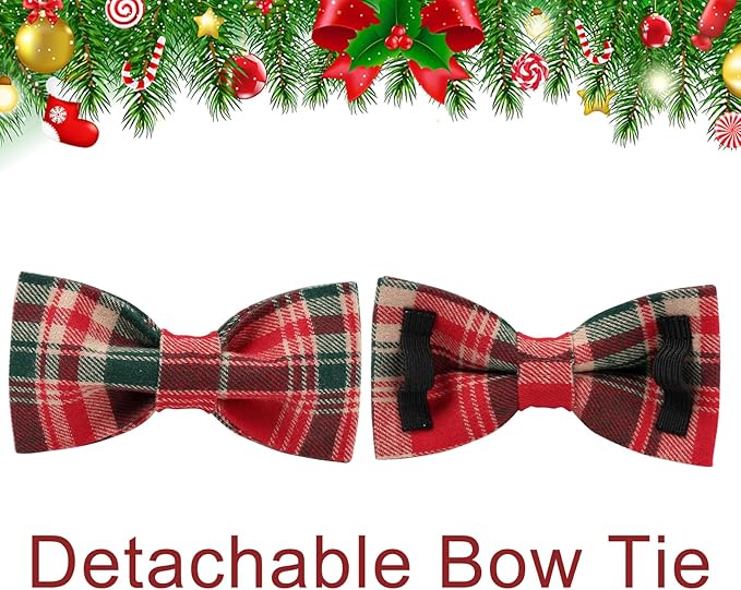 Christmas Plaid Dog Collar with Bow Tie– Adjustable Red & Green Checkered Dog Collar for Small Medium Large Dogs, Soft Xmas Plaid Puppy Collars with Quick Release Buckle S