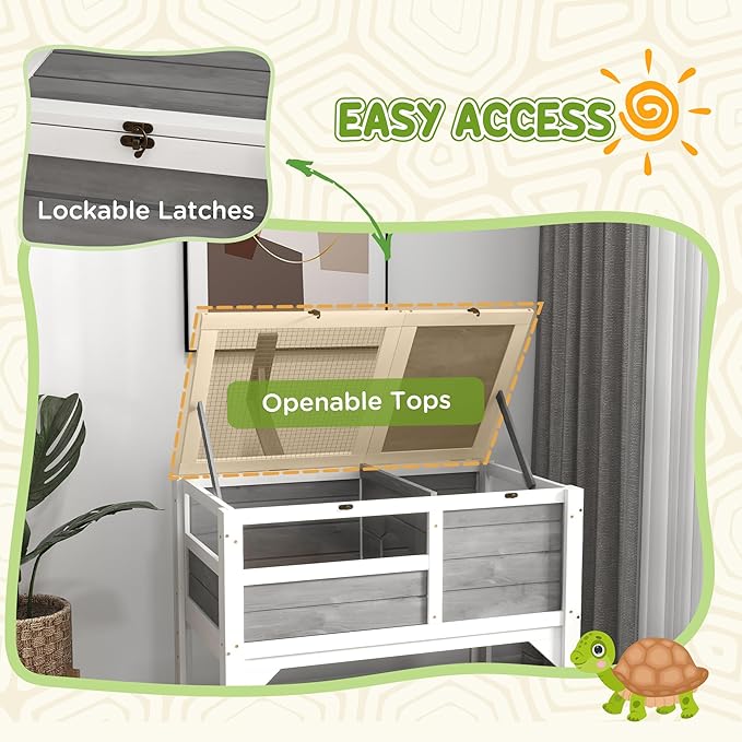 PawHut Tortoise Habitat with Shelf Storage, Tortoise Enclosure with Weather Protection, Reptile Enclosure with Tray, Light Support Frame, Light Gray