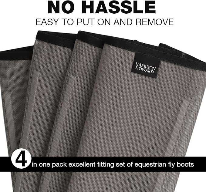 Harrison Howard Loose Fitting Fly Boots UV-Protective Extra Tough Mesh Ventilated Four Fasteners Stay-on Design Protect Horse Legs & Stomp-Reducing Set of 4 Dark Grey Mini