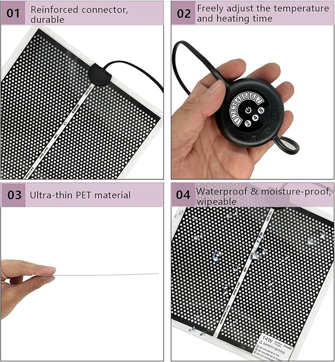 Reptile Heat Pad with 7 Button Temperature Adjustment, Under Tank Terrarium Heat Mat for Reptiles Tortoise Snakes Lizard Gecko Frog Hermit Crab and Other Small Animal, 14W Reptile Heating Pads