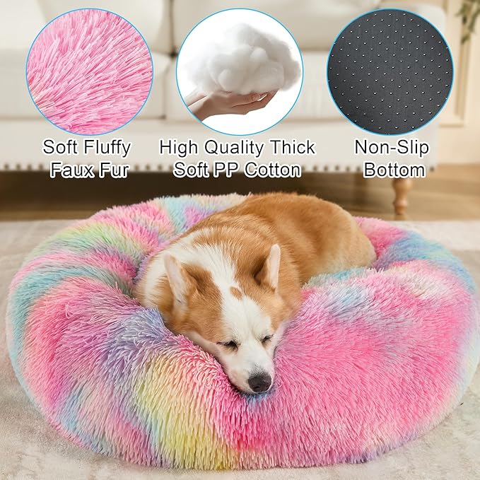 Dog Calming Beds for Small Medium Large Dogs - Round Donut Washable Puppy Dog Bed, Anti-Slip Faux Fur Fluffy Donut Cuddle Anxiety Cat Pet Bed(16'' Color)