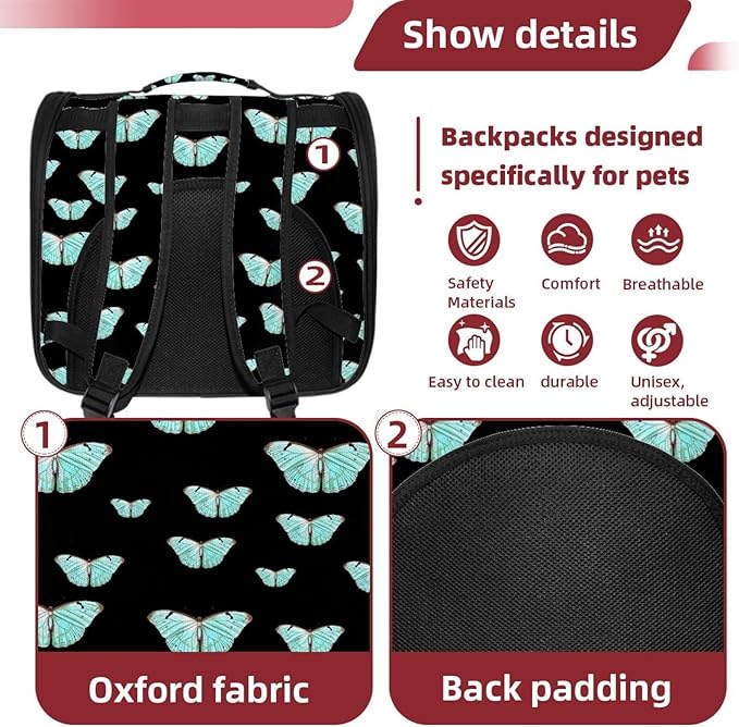 Butterfly on Black Background Pet Travel Carrier | Ventilated Comfortable Design with Safety Features | Ideal for Small to Medium Sized Pets Cats, Dogs etc