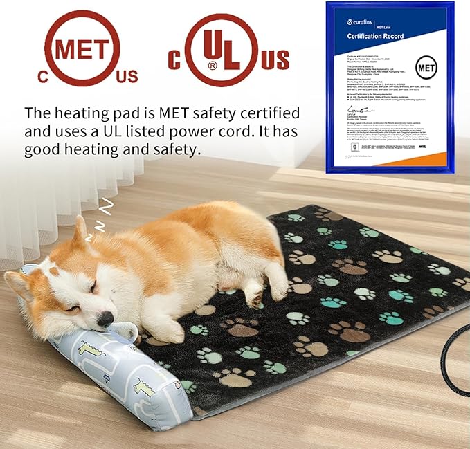 Extra Large Dog Heating Pad 47x30 in with Smart Thermostat Switch and Power Line Protection Tube,Obtained MET and UL Dual Certification,Waterproof Pet Heating Pad for Dogs-Black